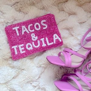 Tacos & tequila girly zipper pouch clutch, pink beaded sequin. Like new.